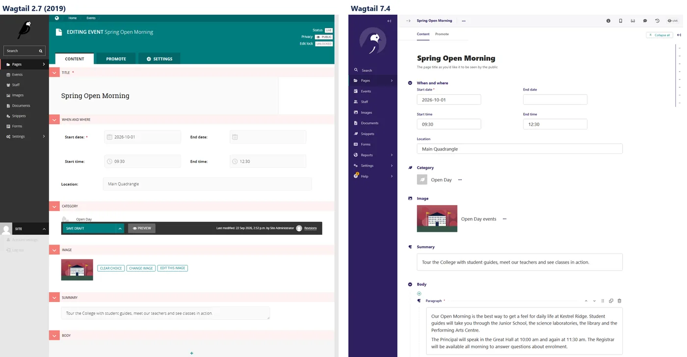 The page editor on 2.7 and on 7.4