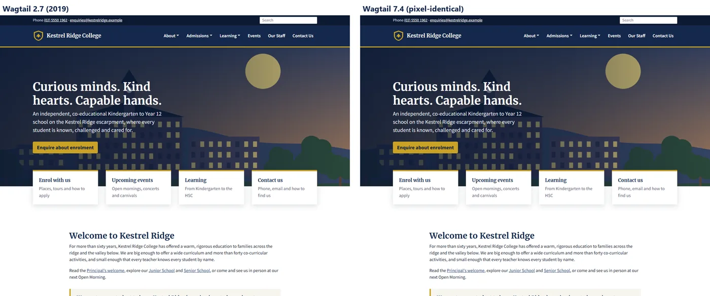 The home page on 2.7 and on 7.4, pixel-identical