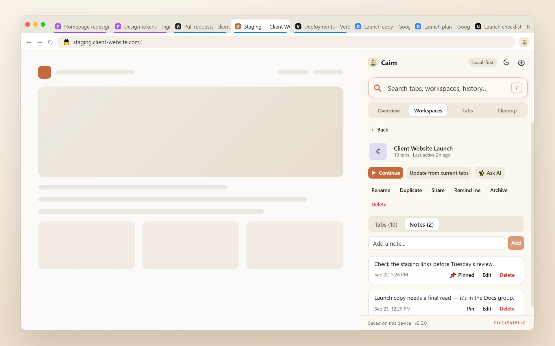 A Cairn workspace showing its tabs and notes