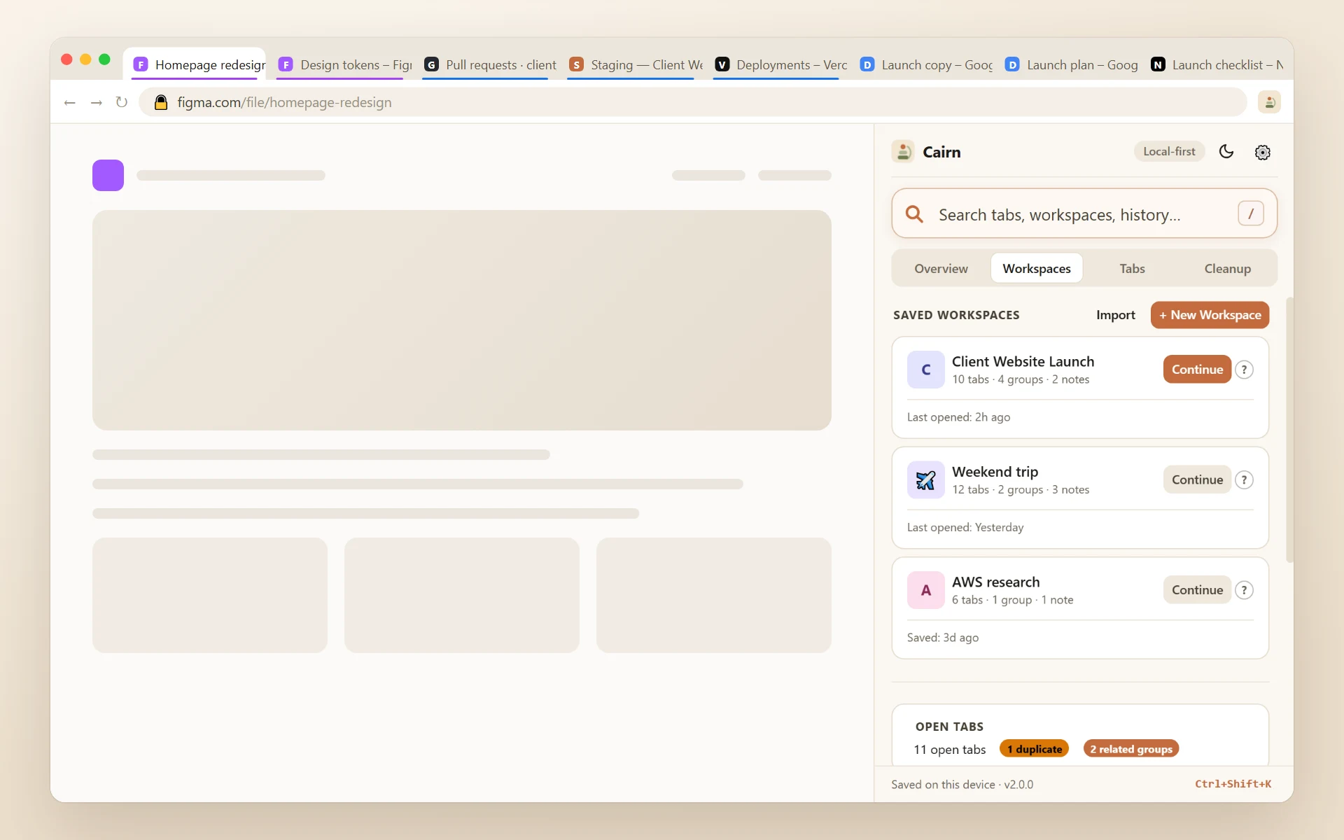 Cairn’s Workspaces section, each workspace with a Continue button